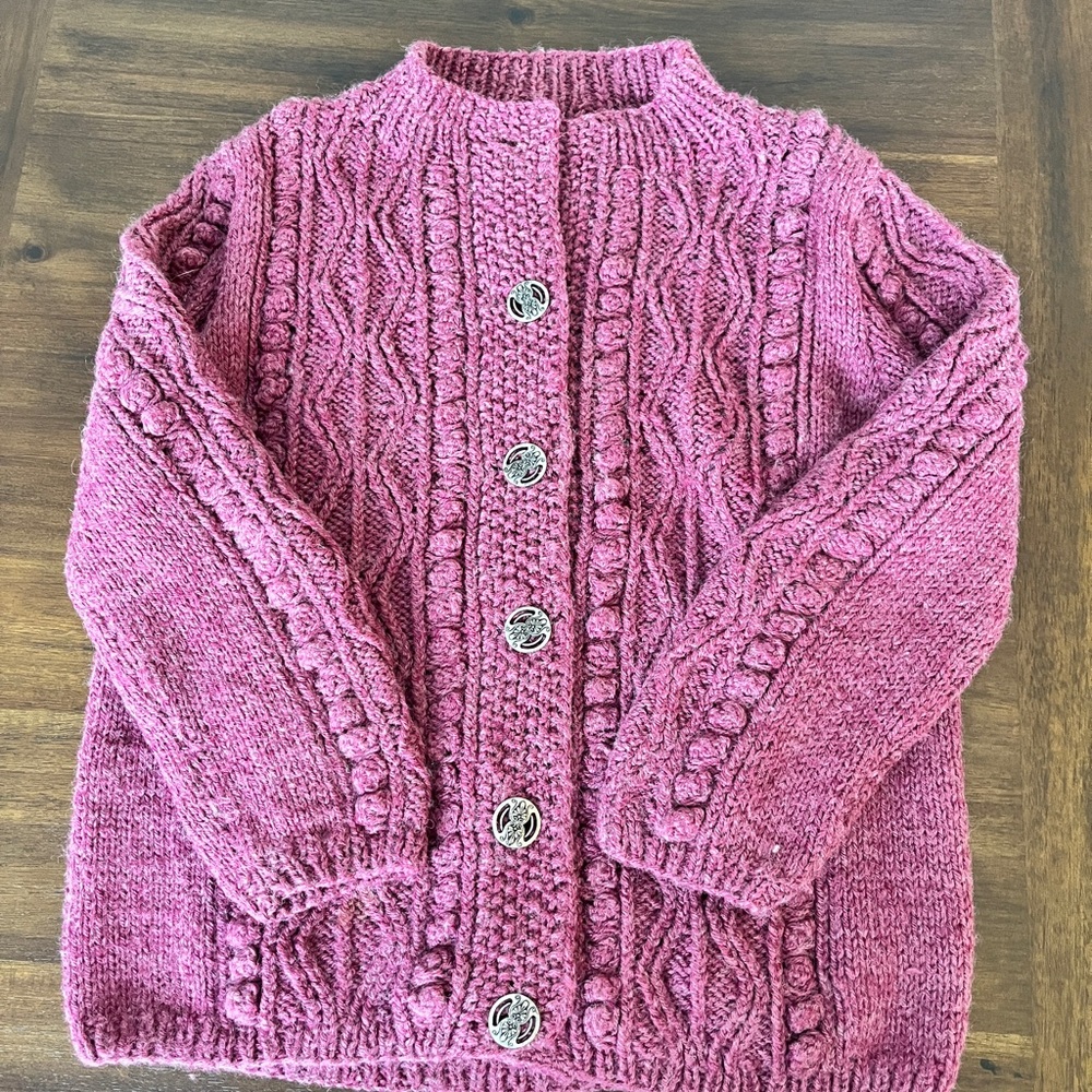Handknit Cable Button Cardigan - cranberry Pink merino wool, small medium.